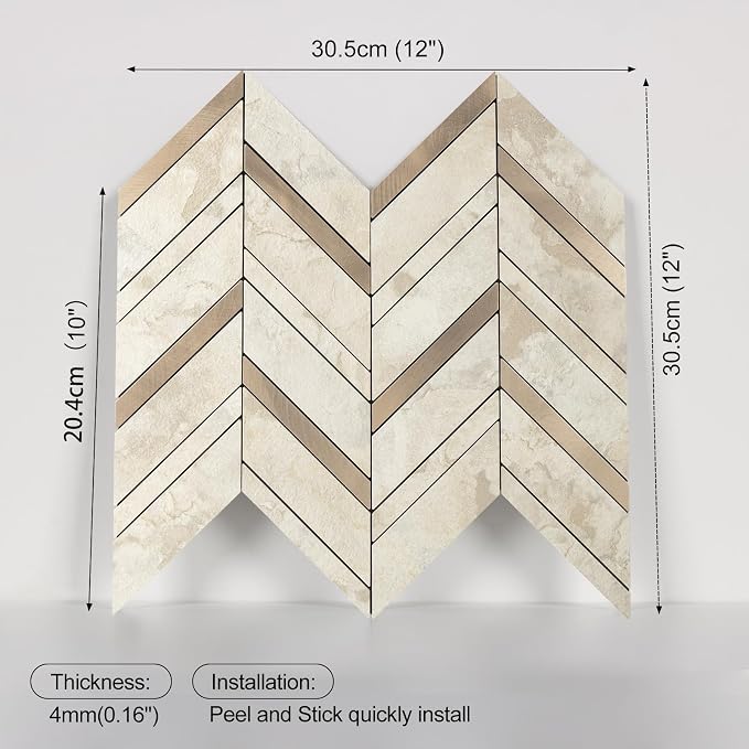 Yipscazo 10-Sheet Herringbone Backsplash Peel and Stick Tile, Light Beig Stone PVC Stick on Backsplash for Kitchen, Waterproof Self Adhesive Wall Tile for Bathroom