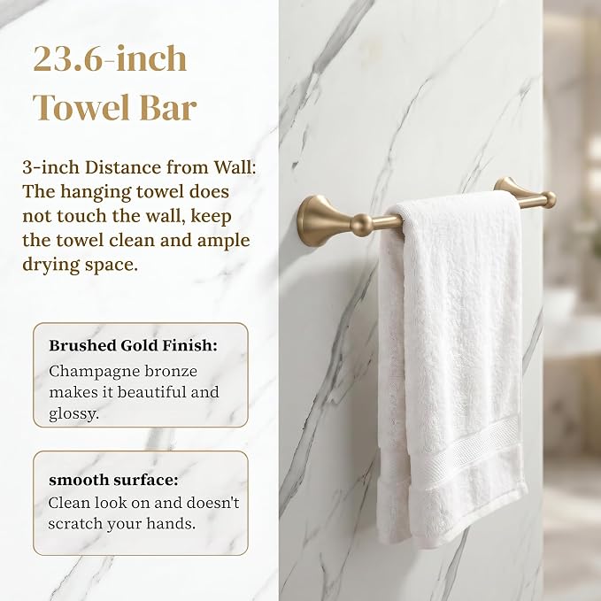 4 Piece Gold Bathroom Hardware Set - Brushed Gold Bathroom Accessories, 23.6 Inch Towel Bar | Towel Hook | Toilet Paper Holder | Hand Towel Holder (Champagne Bronze)