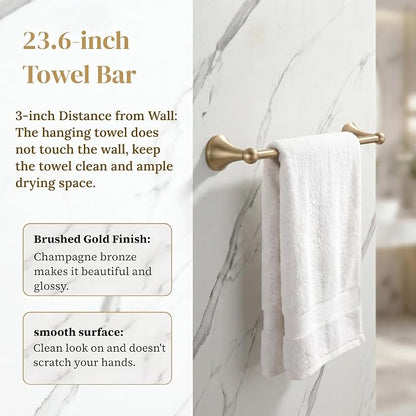 4 Piece Gold Bathroom Hardware Set - Brushed Gold Bathroom Accessories, 23.6 Inch Towel Bar | Towel Hook | Toilet Paper Holder | Hand Towel Holder (Champagne Bronze)