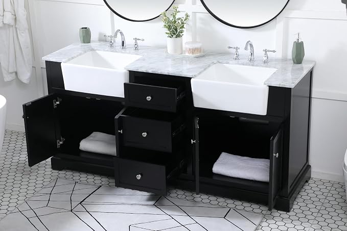 72 Double Bathroom Vanity, with Carrara White Marble Top Soft-Close, Black