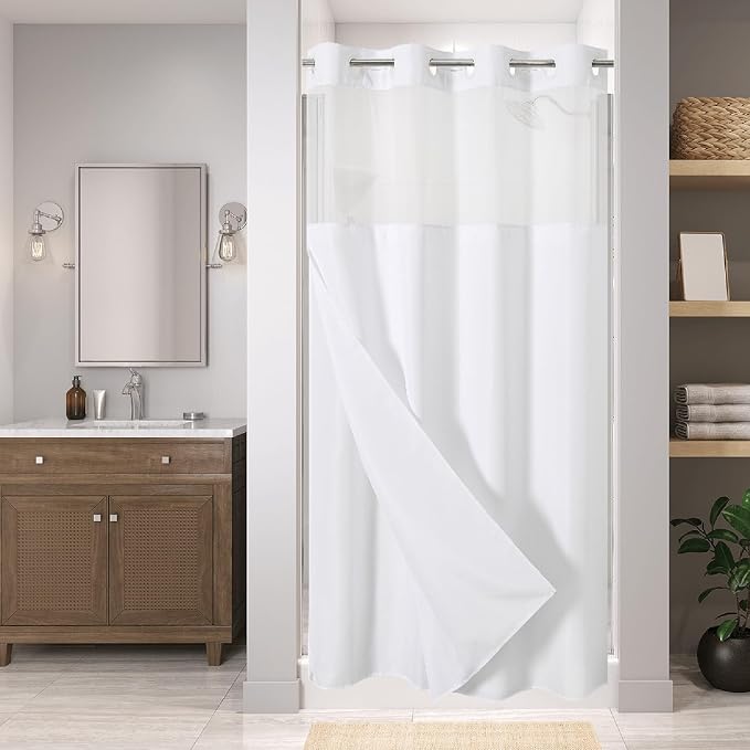 eachope No Hook Linen Texture Shower Curtain with Snap-in Liner,60x74 White | 230GSM Thick Fabric,Hotel Luxury Decor,Mesh Top Window,Waterproof & Machine Washable,for Shower Stall or Bathroom