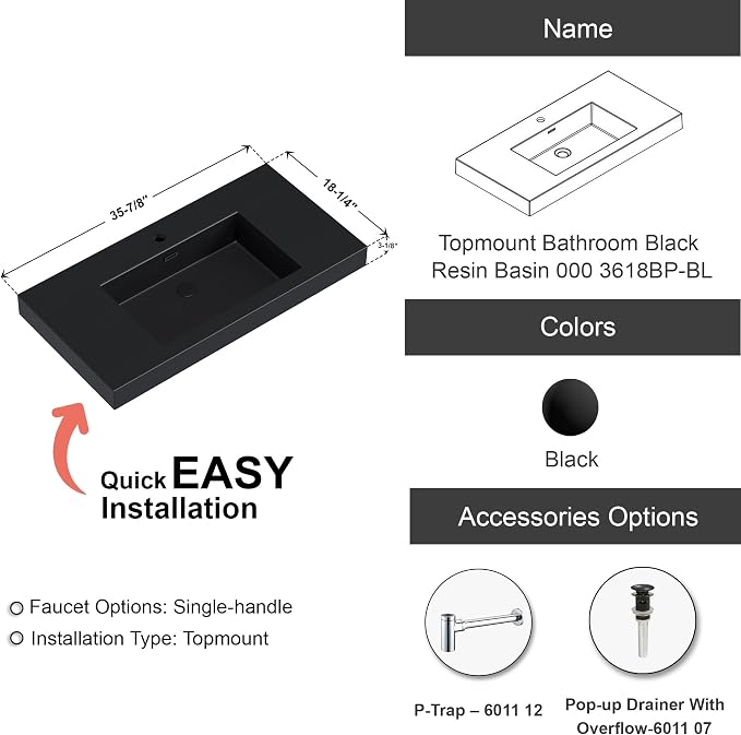 Dowell 36" Bathroom Sink,Single Bowl Vanity Basin,Rectangular Drop-In Bathroom Sink with Overflow,Black-000 3618BP-BL