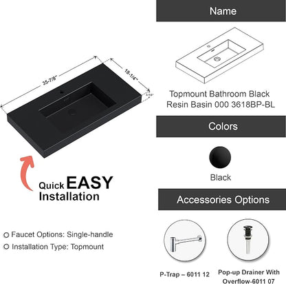 Dowell 36" Bathroom Sink,Single Bowl Vanity Basin,Rectangular Drop-In Bathroom Sink with Overflow,Black-000 3618BP-BL
