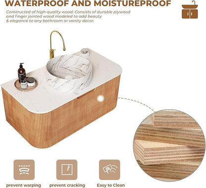 LKTART 36 Inch Floating Bathroom Vanity with Sink, Modern Wall Mounted Bathroom Storage Cabinet with Drawer, Stone Pattern Round White Ceramic Sink Top and Marble Texture Top, Natural Wood