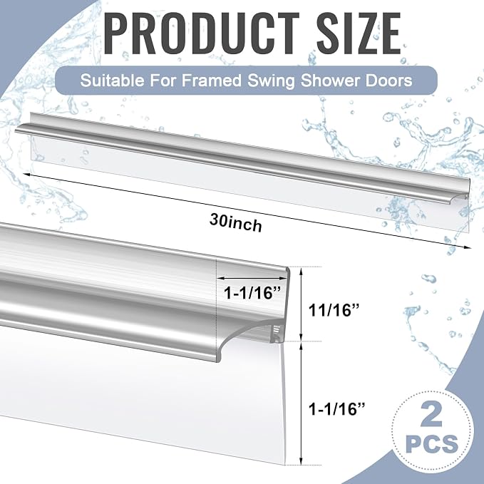 Hicarer 2 Pcs 30" Chrome Framed Shower Door Replacement Drip Rail with Vinyl Sweep, Shower Door Water Deflector with Bottom Seal, Applied Mounting Tape and Screws(Sliver)