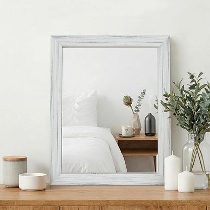 White Wood Effect Framed Wall Mirror, 16x20 Rectangle Mirror, 1/8" Anti-desilvering Tempered Glass, Sustainable& Sturdy Frame, Anti-Rust, HD Reflection &3min Fast Setup for Bathroom Living Room