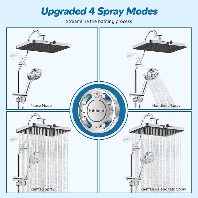 Hibbent cUPC Certified High Pressue 13'' Rainfall Shower Head with 5-Spray | Shower Heads with Handheld 10-Spray Combo, All Metal Easy Reach 4-way Diverter Extension Arm, 71'' Hose & Holder, Chrome