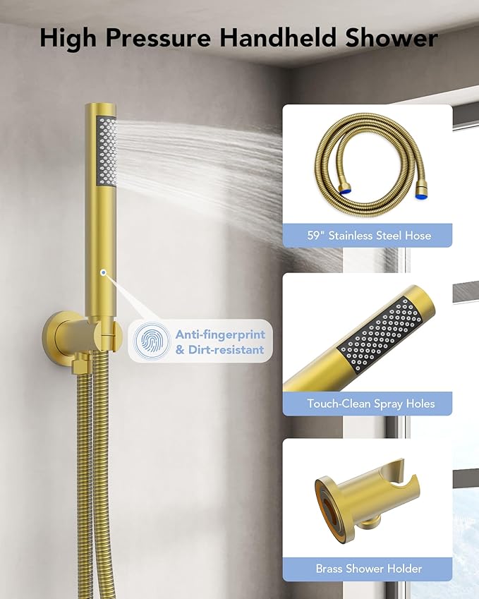 10" High-Pressure Rainfall Shower System with Handheld Spray, Wall Mount Bathroom Shower Faucet Set (Brushed Gold)
