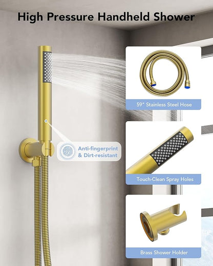10" High-Pressure Rainfall Shower System with Handheld Spray, Wall Mount Bathroom Shower Faucet Set (Brushed Gold)