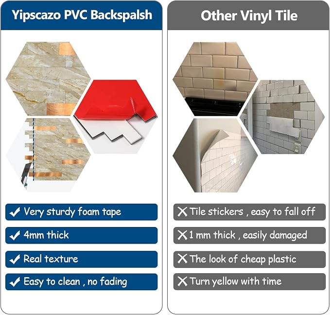 Yipscazo 20 Sheets Peel and Stick Stone Metal Tile Backsplash, Stick on Tiles for Backsplash Kitchen, Bathroom, Laundry Room, Camper, Fireplace (12'' X 12'', Polished Beige)
