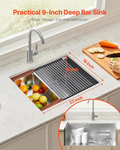 VEVOR 23 inch Kitchen Single Sink, 304 Stainless Steel Undermount Sink Drop-In Single Bowl Farmhouse Basin with Ledge & Multiple Accessories, Household Dishwasher Sinks for Prep Kitchen, Bar 23"*19"