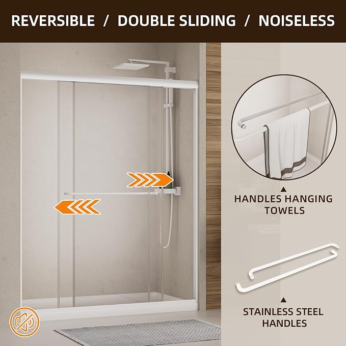 Royal Guard 56-60" W x 72" H Double Sliding Shower Door,Matte White | Semi-Frameless Glass Shower Door with 1/4'' (6mm) Clear SGCC Tempered Glass,Bypass Shower Enclosure,Easy to Clean&Waterproof
