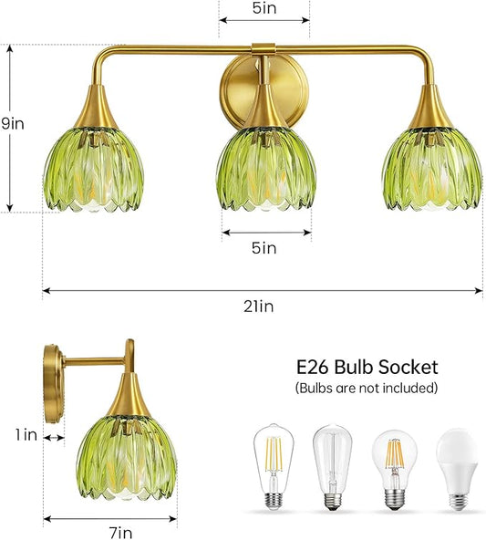 Bathroom Vanity Light Fixtures: 3-Lights Vintage Bathroom Lights Over Mirror with Ribbed Green Tulip Glass Shade - 22.4 inch Brushed Gold Wall Sconce Bath Lighting