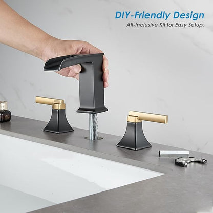 Black and Gold Bathroom Faucet 3 Hole, Sanliv Waterfall Bathroom Faucet, 8 Inch Widespread Bathroom Sink Faucet, Modern Two Handle Vanity Faucets with Pop Up Drain Black and Gold