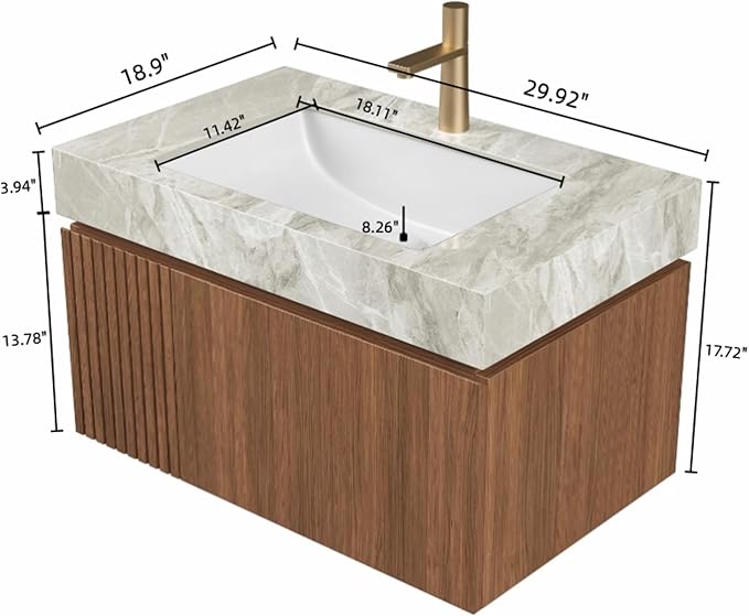 Bathroom Vanity with Sink 30 Inch, Floating Bathroom Vanity Sink Cabinet with Drawer and Door, Undermount Sink & Light Gray Sintered Stone Top, Pre-Assembled,Brown Oak