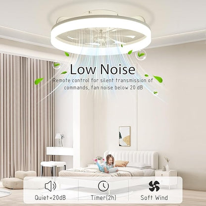 Ceiling Fans with Lights and Remote Fandelier - White 20'' Flush Mount Low Profile Modern Ceiling Fans for Bedroom - Stepless Color Temperature and 6 Speeds, White