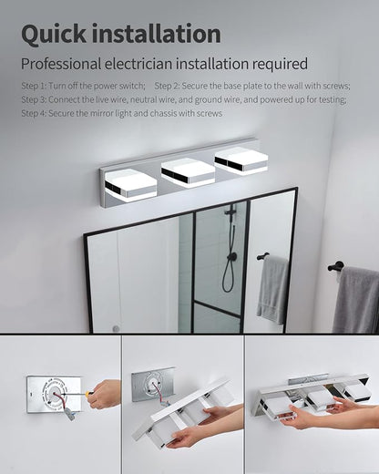 Bathroom Lighting Fixtures Over Mirror, 3 Light Silver Vanity Light | Cool White, 5000K, Modern Vanity Wall Lights for Bath, Dressing Room, Restroom, 21.6 inch