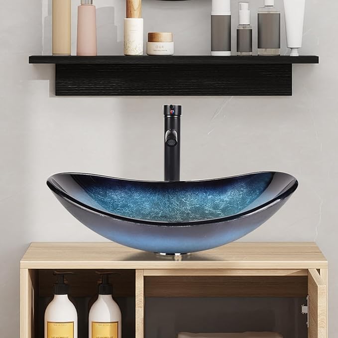 YOURLITE 24" Floating Bathroom Vanity, Wall-Mounted Bathroom Vanity and Sink Combo with Mirror and Faucet & Pop Up Drain Set Blue Glass Boat Bathroom Sink