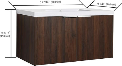 36-Inch Wall Mount Bathroom Vanity With Sink Combo for Home and Company - Modern Floating Walnut Cabinet With Resin Countertop, Double Doors, and Silver Handle