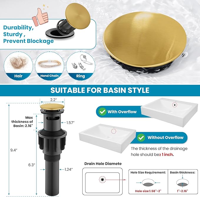 gotonovo 8 Inch Widespread Bathroom Faucets for Sink 3 Hole 2 Lever Handle Deck Mount with Pop Up Drain Hot and Cold Water Supply Lines Brushed Gold