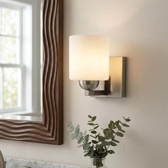 mirrea 1-Light Brushed Nickel Bathroom Vanity Light with White Glass Shade | Over Mirror,Wall Sconce,ETL listed,Bathroom Lighting Fixtures,Elegant Design,Milk White Glass Shade,Easy Installation