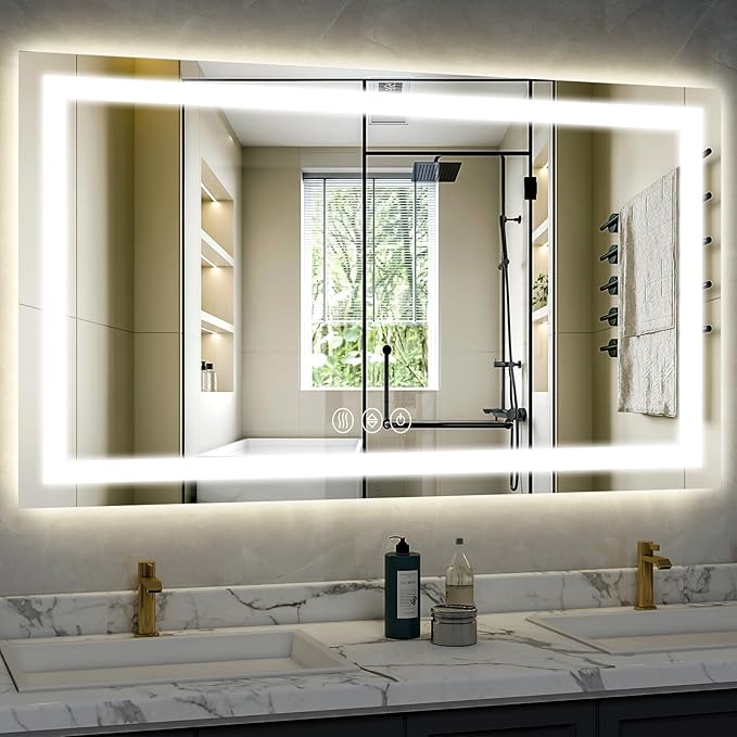 XRAMFY 40"X60"LED Bathroom Mirror, Backlit + Front Lit Wall Mirror | LED Bathroom Mirror with Lights for Wall, 3 Colors, Anti-Fog, Dimmable Brightness, Tempered Glass