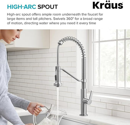 KRAUS Oletto Commercial Style 2-Function Single Handle Pull Down Kitchen Faucet in Spot-Free Stainless Steel, KPF-2643SFS