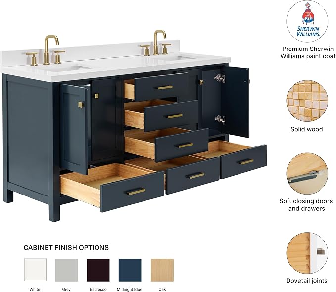 Beckford 66" Midnight Blue Double Bathroom Vanity with Sink, 1.5" Pure White Quartz Countertop, Rectangular Undermount Sinks, 4 Soft Closing Doors, 6 Full Extension Dovetail Drawers