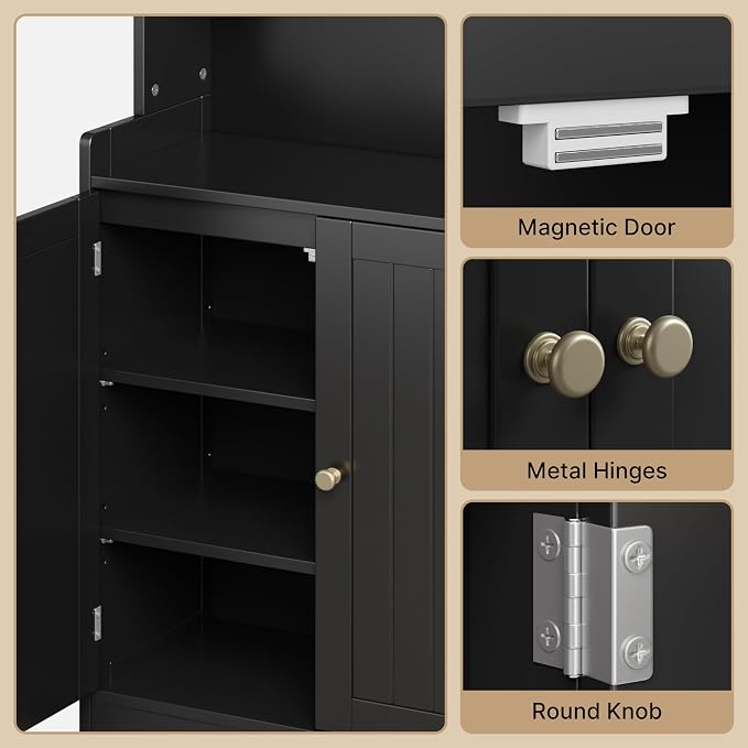 Gizoon Small Bathroom Storage Cabinet, Freestanding Organizer, Black | 40" H Floor Pantry Cabinet with Doors, Adjustable Shelves, for Dining Room, Kitchen, Living Room, Hallway
