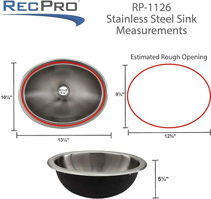 RecPro RV 10" x 13" Stainless Steel Oval Sink | Single Bowl | 1.5 Drain Hole (No Faucet)
