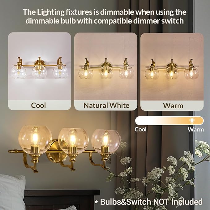 Bruhsed Gold Bathroom Light Fixtures, Gold 3 Light Bathroom Vanity Lights, 3 Lights Wall Light with Globe Clear Lampshade, Vintage Brass Sconce with Metal Lamp Body for Bedroom, Living Room