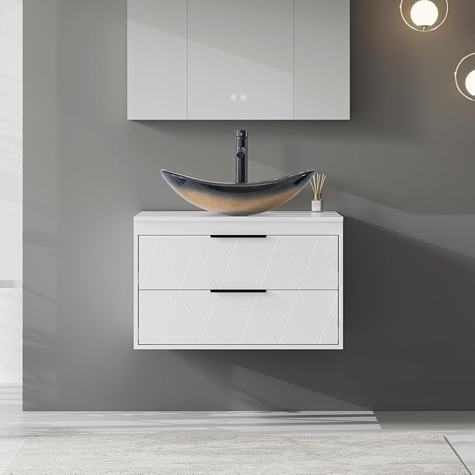 eclife 30" Floating Bathroom Vanities with Sink Combo, Wall Mounted Modern Cabinet W/Diamond Line Pattern Design, Champagne Boat Glass Vessel Sink W/Water Save Faucet & Pop Up Drain, White