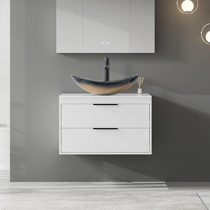 eclife 30" Floating Bathroom Vanities with Sink Combo, Wall Mounted Modern Cabinet W/Diamond Line Pattern Design, Champagne Boat Glass Vessel Sink W/Water Save Faucet & Pop Up Drain, White