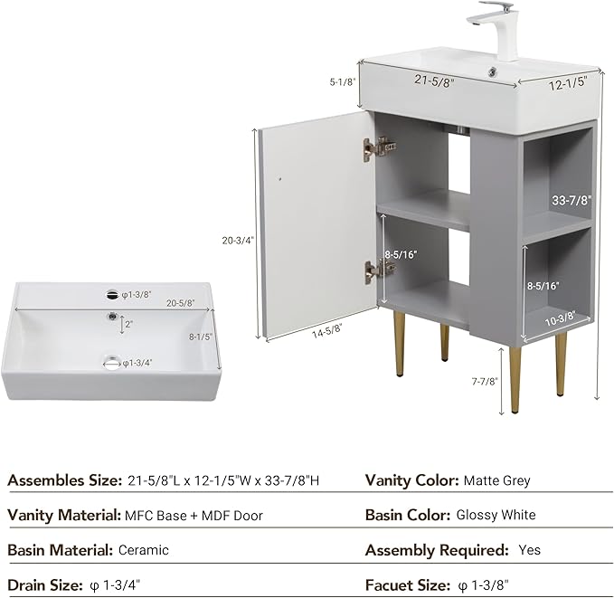 Merax 21.6" Small Bathroom Vanity with Sink Narrow Depth Bathroom Vanities,Wood Vanity Cabinet,Soft Closing Door,Freestanding Sink Cabinet W/Open Side Shelves,Gray
