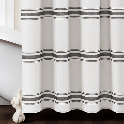 Lush Decor Farmhouse Stripe Cotton Shower Curtain, 72" W x 72" L, Black - Striped Bathroom Curtain - Fabric Shower Curtains - Farmhouse Bathroom Decor