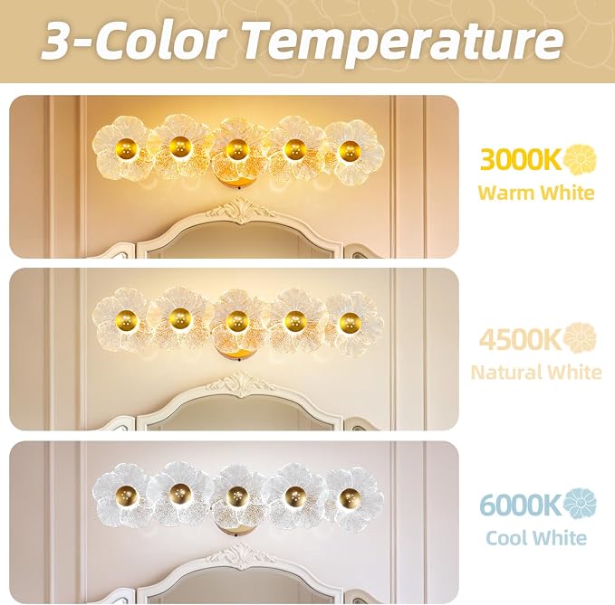 27" Bathroom Light Fixtures,Vanity Lights,Bathroom Vanity Light | 5 light,3CCT,LED,Daisy,Wall Sconces,Girly,Floral,Elegant,Fancy,for Restroom,Living Room,Bedroom,Mirror