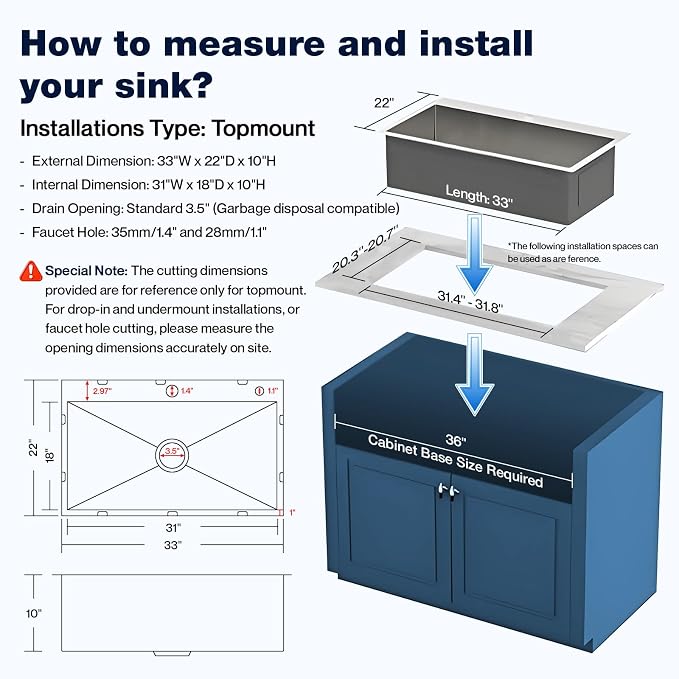 33x22 Inch Topmount or Drop In Kitchen Sink Worktation, Stainless Steel Single Bowl Sink with Drainpipe for RV, Prep Kitchen