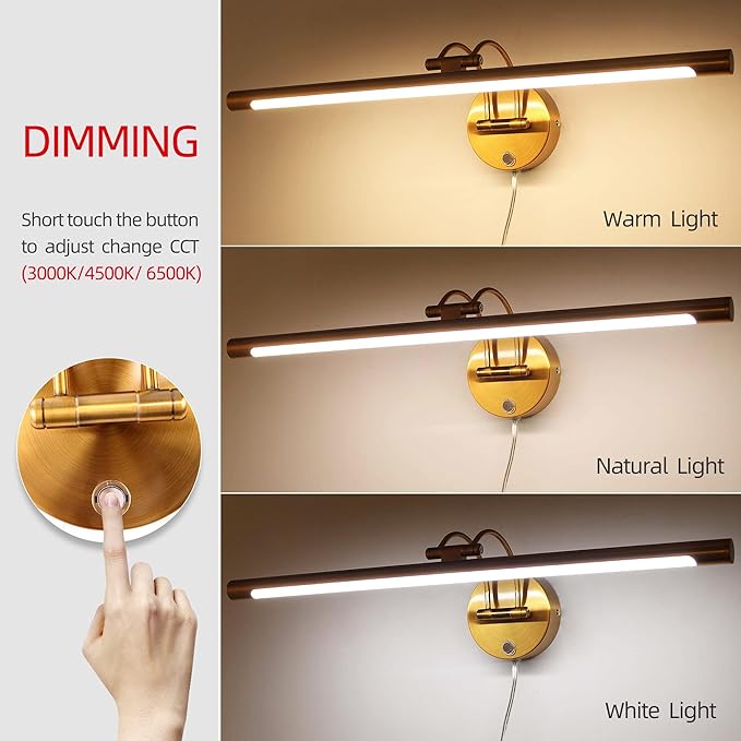 MantoLite 24'' Picture Lights for Wall,Vanity Lights for Bathroom,Plug-in or Hardwired,12W LED 3CCT Dimmable Light Fixture Brass Modern Bathroom Lighting Fixtures Over Mirror Wall Lights for Bedroom