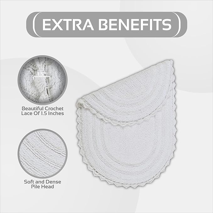 Better Trends 2 Piece Lilly Crochet (Ovel 17"x24",20" x 20") Bath Rug Set Toilet Rugs U Shaped Soft 100% Cotton, Reversible Water Absorbent Washable Contour Mat White