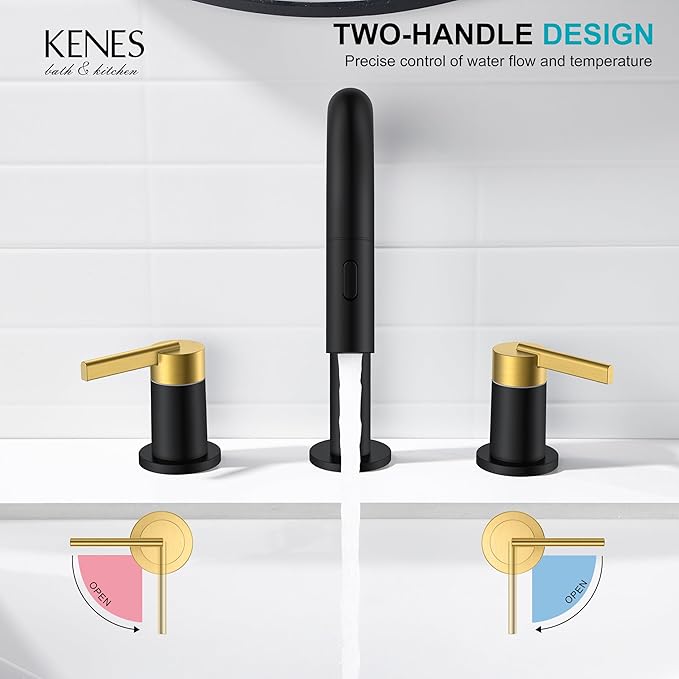 KENES Black and Gold Pull Out Widespread Bathroom Faucet 3 Hole, 8 Inch 2 Handle Bathroom Sink Faucet with Pull Down Sprayer, Vanity Faucet with Pop Up Drain and Supply Lines LJ-9068-BG