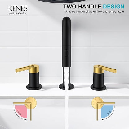 KENES Black and Gold Pull Out Widespread Bathroom Faucet 3 Hole, 8 Inch 2 Handle Bathroom Sink Faucet with Pull Down Sprayer, Vanity Faucet with Pop Up Drain and Supply Lines LJ-9068-BG