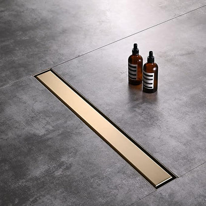 Linear Shower Floor Drain, Brushed Gold 40 Inch 304 Stainless Steel Bathroom Drains Kit, Rectangular Shower Trench Drain with Reversable Tile-in Pattern Drain Cover & Hair Catcher