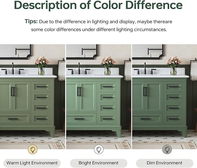 48 Inch Fully Assembled Bathroom Vanity with Sink, Sage Green | Modern Solid Wood Freestanding Vanity for Bathroom, Quartz Top & Backsplash, Soft-Close Doors, Dovetail Drawers, Bath Upgrade