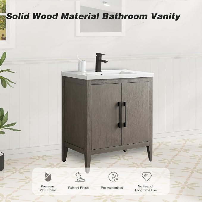 30 Inch Bathroom Vanity with Sink & Ceramic Top, Single Vanity Cabinet with Basin, Soft-Closing Doors & Matte Black Hardware, Driftwood Gray