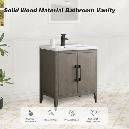 30 Inch Bathroom Vanity with Sink & Ceramic Top, Single Vanity Cabinet with Basin, Soft-Closing Doors & Matte Black Hardware, Driftwood Gray