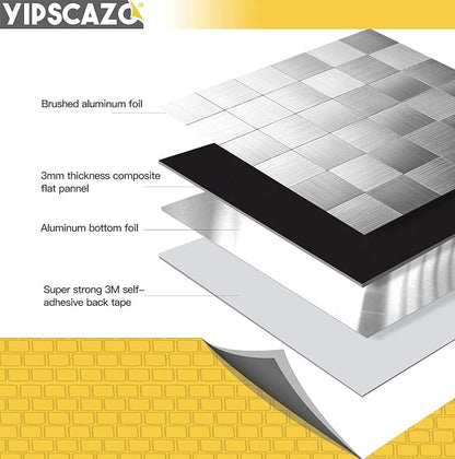 Yipscazo 10 Sheet Peel and Stick Backsplash Mosaic Tiles Stainless Steel Metal Look Kitchen Backsplash Stick on Tiles for Stove, Bathroom, Laundry in Silver (11.8'' x 11.8'')