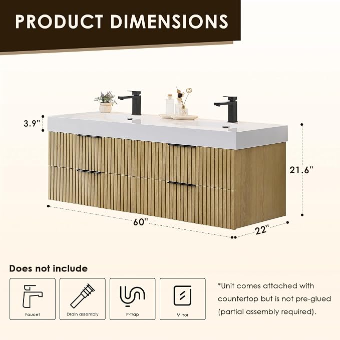 60 Inch Floating Sink Bathroom Vanity Wall Mount Double Vanities with Top | Pre-Assembled, Sturdy Solid Wood, Modern Vanity, Ceramic Sink, Large Storage Cabinet, Soft Closing Doors, Dovetail Drawers