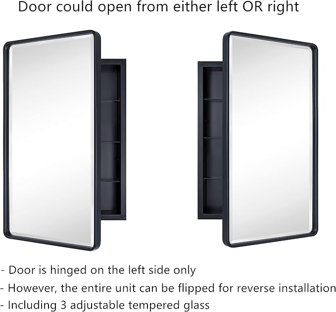 TEHOME Farmhouse Black Metal Framed Recessed Bathroom Medicine Cabinets with Mirror Rounded Rectangle Medicine Cabinet with BeveledMirros,16.5x27.5''