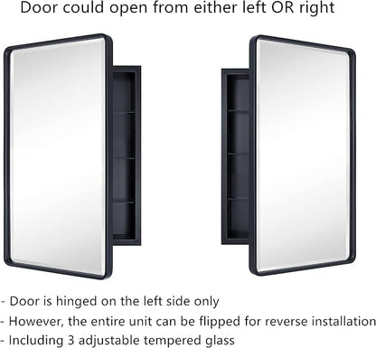 TEHOME Farmhouse Black Metal Framed Recessed Bathroom Medicine Cabinets with Mirror Rounded Rectangle Medicine Cabinet with BeveledMirros,16.5x27.5''