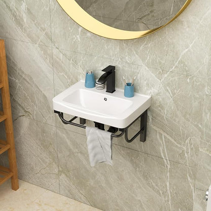 Lordear Wall Mounted Bathroom Sink with Towel Rack 20 x 14 Inch Modern Black Wall Hung Sink for ADA Bathrooms, Rectangular One Hole Porcelain Vanity Sinks